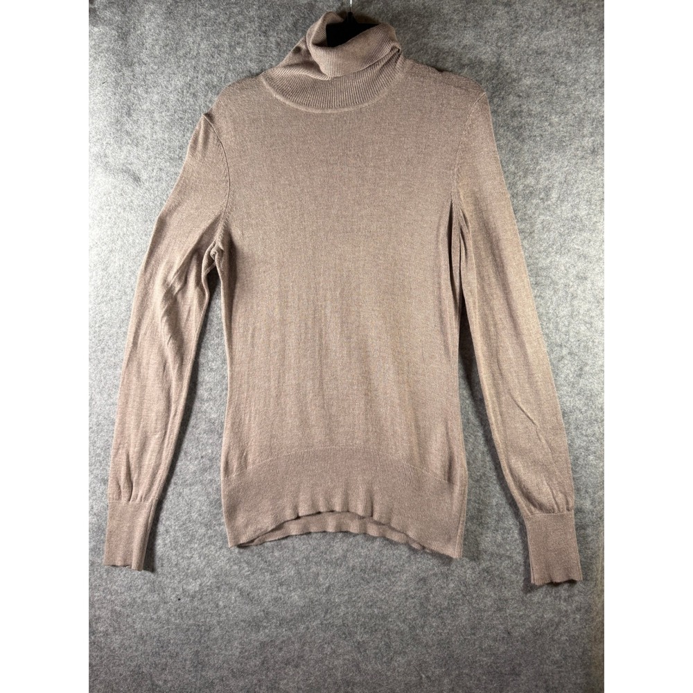 Taupe Heather Lightweight Turtleneck Knit Sweater Ribbed Trim Long Sleeve Top